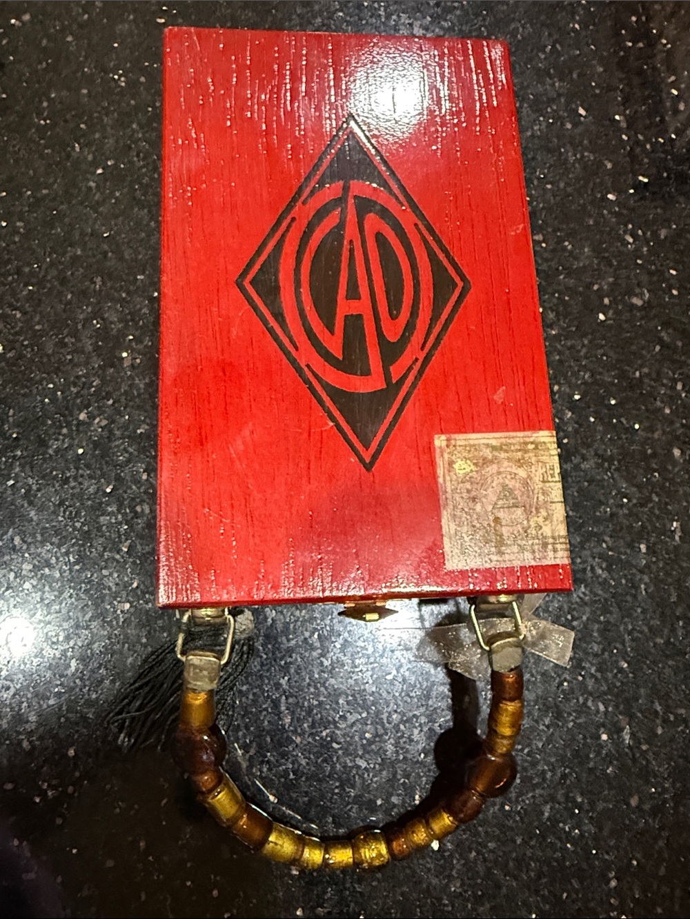 Cigar Box Handbag with Black Logo and Bead Handle